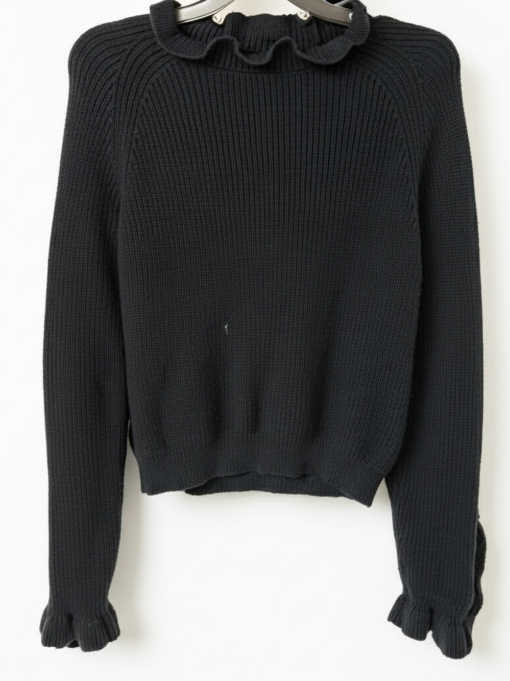 H&M Black Ribbed Ruffle Mock-Neck Sweater